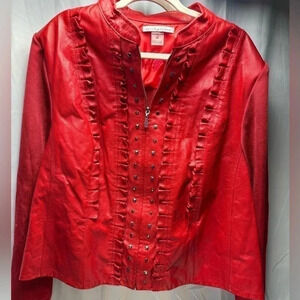 NWOT, VINTAGE, Peter Nygard, Red Leather Jacket with Silver accents. Womens 3X